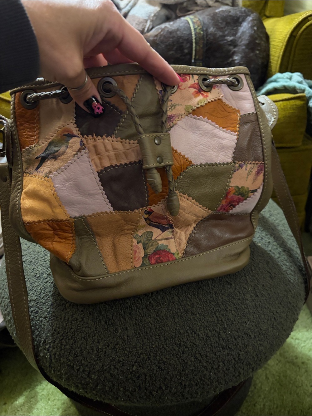 Patchwork Leather Bucket Bag in Brown-Olive and Warm Neutrals